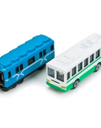 Миниатюра фотографии Набор машинок технопарк городской транспорт вагон метро и автобус 8 см