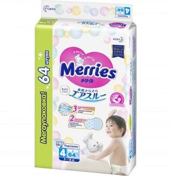 Подгузники для детей размер L 9-14 кг MERRIES, 64 шт