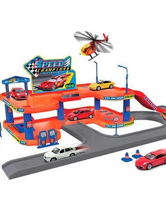 Миниатюра фотографии Welly игровой набор гараж: 3 машины и вертолет