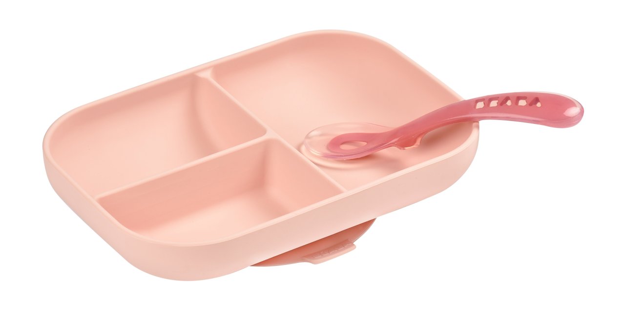 Набор посуды: тарелка, ложка beaba silicone, розовый фото