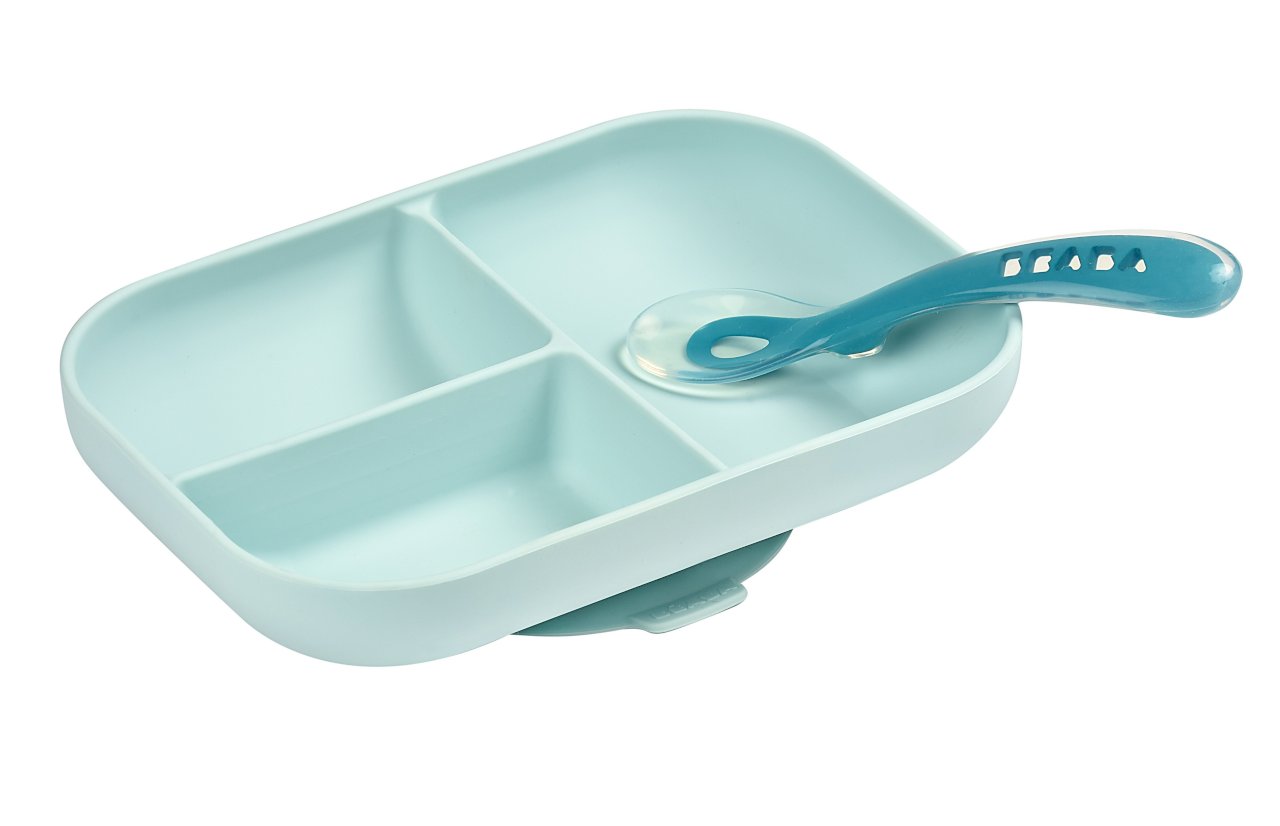 Набор посуды: тарелка, ложка beaba silicone, голубой фото