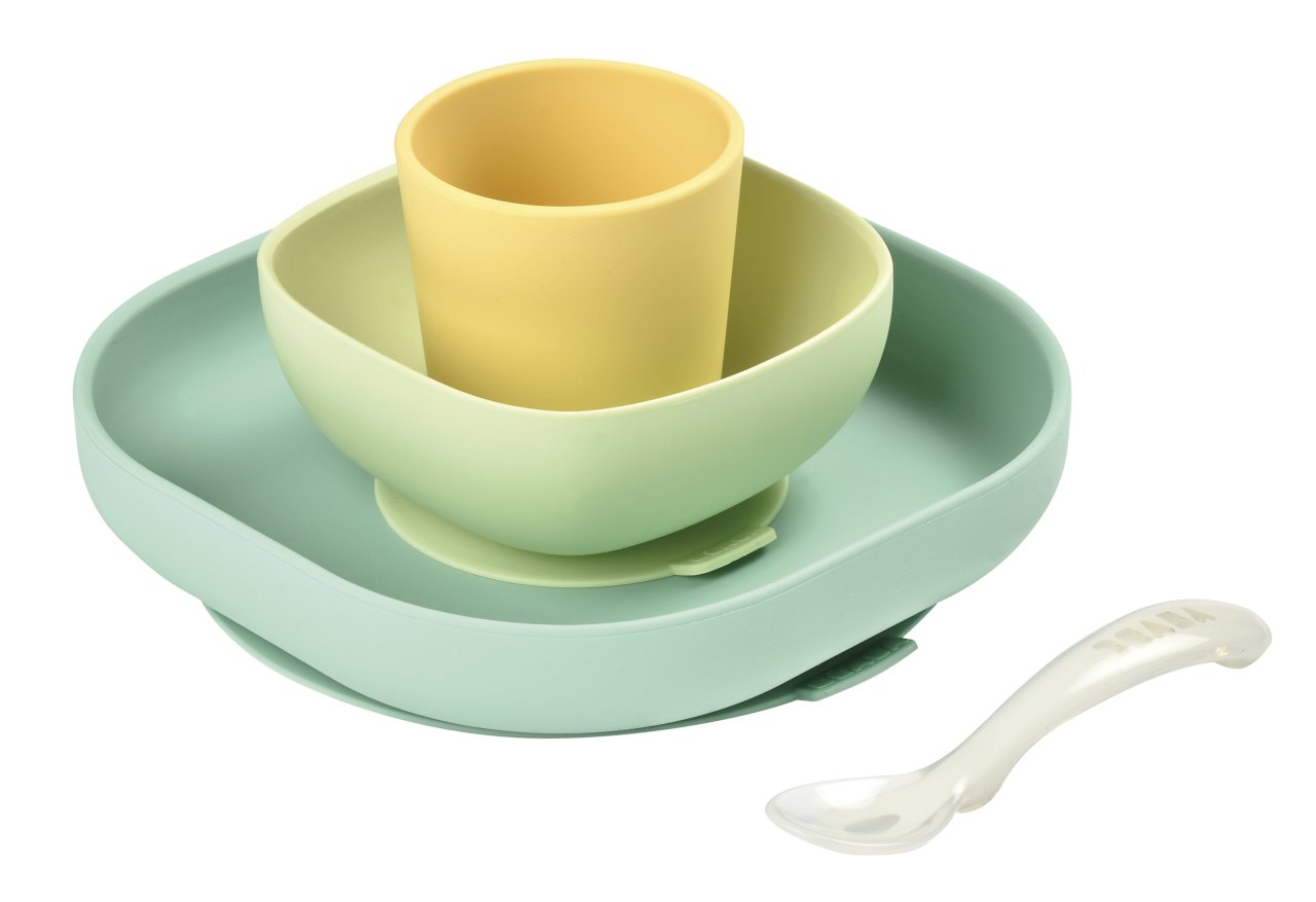 Набор посуды: 2 тарелки, стакан, ложка beaba silicone фото
