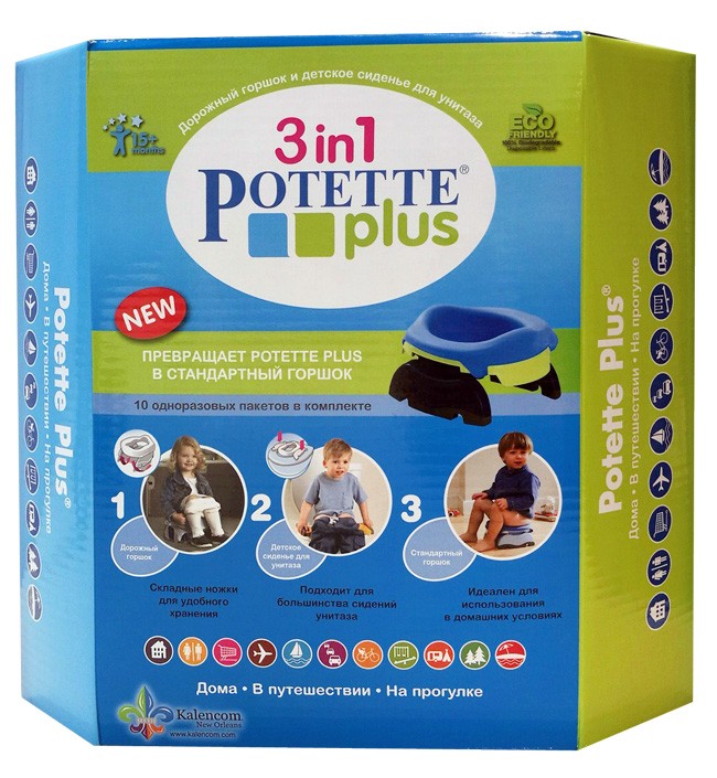 Набор potette plus 3 в 1: дорожный горшок, вкладка и 10 пакетов, цвет: салатовый, синий фото