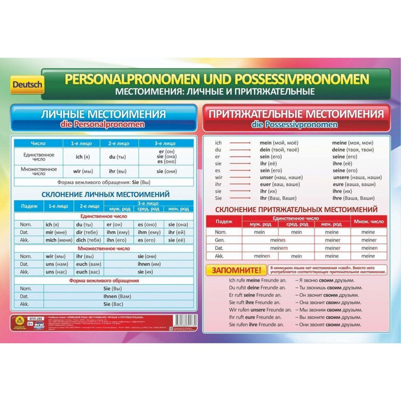 Купить Плакат Издательство Учитель Учебный плакат. Немецкий язык.  Местоимения- личные и притяжательные- Формат А2 в интернет-магазине, цена  75 руб недорого