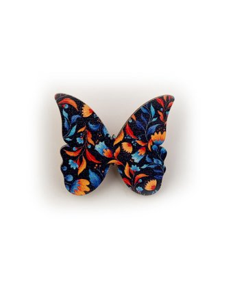 Значок Орландо - Бабочка, темный фон, оранжевые цветы, 6.5 х 9.5 см