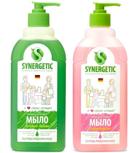 Synergetic Мыло жидкое биоразлагаемое для мытья рук и тела Луговые травы, 500 мл + Мыло жидкое Аромагия, 500 мл
