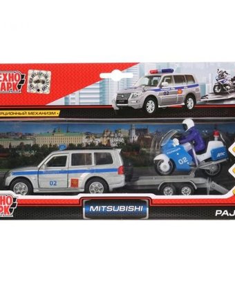 Технопарк Машина Mitsubishi Pajero Полиция с мотоциклом на прицепе