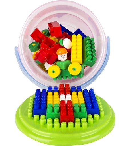 Конструктор Полесье Строитель 68 элементов в ведре Макси с крышкой розовое ведро и салатовая крышка