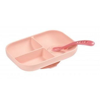 Набор посуды: тарелка, ложка Beaba Silicone, розовый