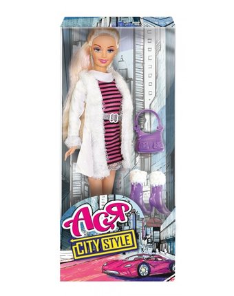 ToysLab (Science agents) Кукла Ася Блондинка в полосатом платье и белой шубке Городской стиль 28 см