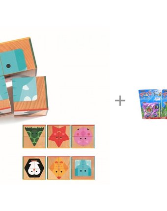 Миниатюра фотографии Деревянная игрушка djeco кубики животные 4 шт. и игровой набор наша игрушка рыбалка