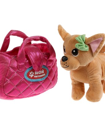 Миниатюра фотографии Мягкая игрушка мой питомец «собака» в розовой сумочке 15 см цвет: бежевый/розовый