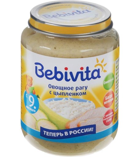 Пюре Bebivita овощное рагу с цыпленком, с 9 месяцев, 190 г