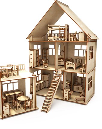Миниатюра фотографии Конструктор-кукольный домик хэппидом \"коттедж с пристройкой и мебелью\" из дерева