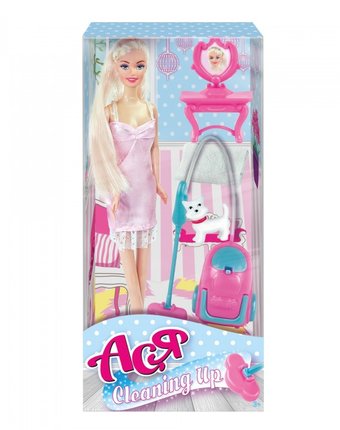 Миниатюра фотографии Toys lab кукла ася блондинка в розовом платье с пылесосом уборка