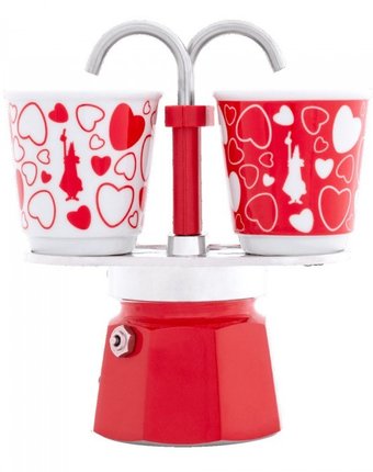Миниатюра фотографии Bialetti гейзерная кофеварка mini express сердце 2 порции с чашками