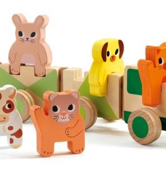 Миниатюра фотографии Деревянная игрушка djeco пирамидка-паровозик домашние животные