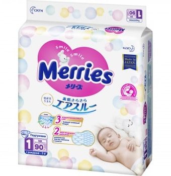 Подгузники Merries для новорожденных, 0-5 кг, 90 шт.