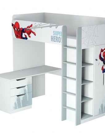 Подростковая кровать Polini kids чердак Marvel 4355 Человек паук с письменным столом и шкафом