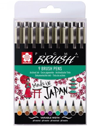 Миниатюра фотографии Sakura набор капиллярных ручек pigma brush 9 шт.
