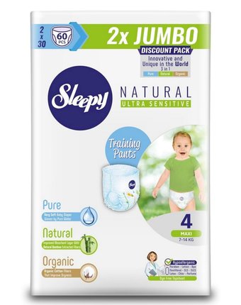 Трусики Sleepy Natural Training Pants Double Jumbo Maxi, р. 4, 7-14 кг, 60 шт