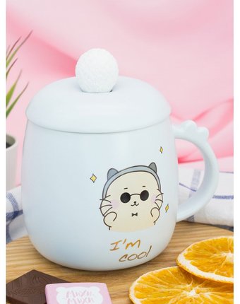 Миниатюра фотографии Mihi mihi кружка с крышкой и ложкой котик i'm cool 420 мл