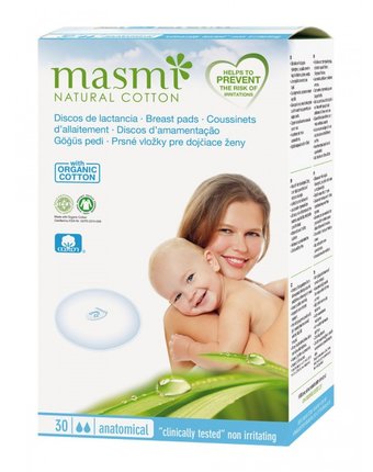 Masmi Впитывающие вкладыши для груди из органического хлопка для кормящих матерей 30 шт.