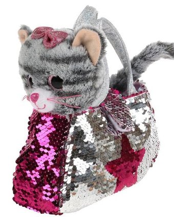 Миниатюра фотографии Мягкая игрушка мой питомец кошка в сумочке из пайеток 17 см