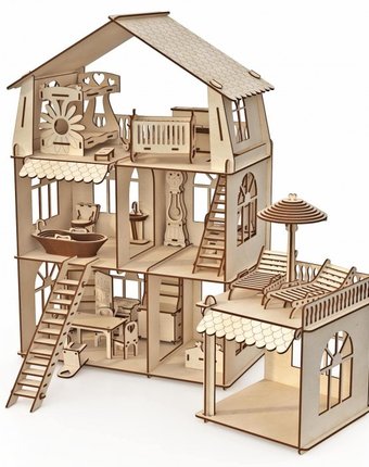 Миниатюра фотографии Хэппидом конструктор-кукольный домик коттедж с пристройкой и мебелью premium
