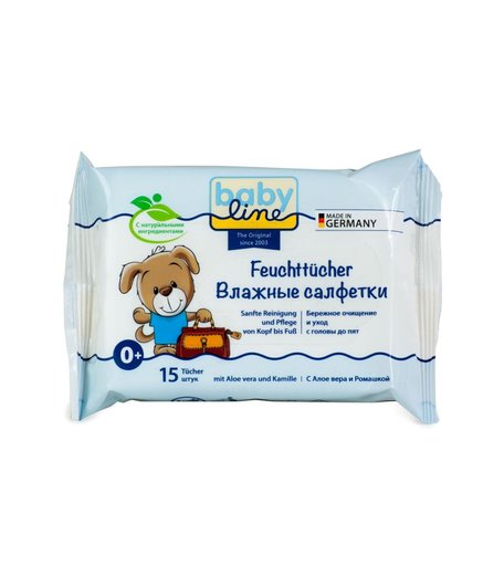 Салфетки Baby Line без отдушек Мини упаковка для путешествий. Влажные салфетки baby line для тщательной очистки нежной детской кожи в области подгузников, без отдушек, с Алое вера и ромашкой, 15 шт в уп., 15