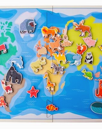 Деревянная игрушка Сибирские игрушки Карта мира Травоядные животные (на липучках)