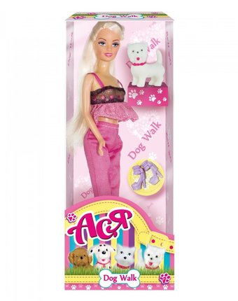 Toys Lab Кукла Ася Блондинка в розовом Прогулка с щенком