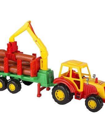 Миниатюра фотографии Трактор полесье мастер с полуприцепом-лезовозом желтый с красным
