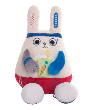 Миниатюра фотографии Мягкая игрушка gulliver заяц-энергетик 15 см цвет: молочный/синий/красный