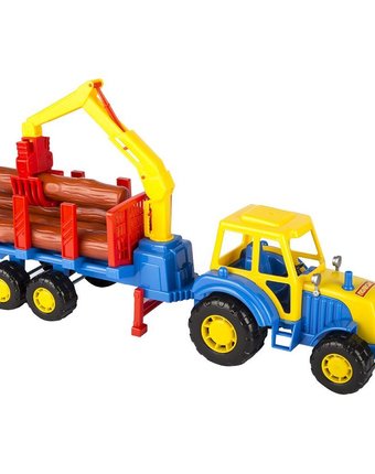 Миниатюра фотографии Трактор полесье мастер с полуприцепом-лезовозом синий с желтым