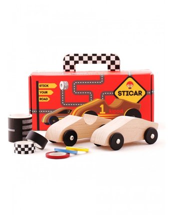 Деревянная игрушка Kipod Toys Набор Машинки на трассе с наклейками