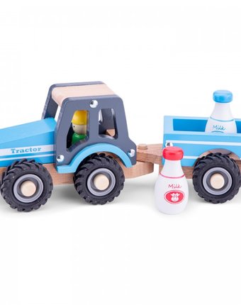 Миниатюра фотографии Деревянная игрушка new cassic toys трактор с прицепом молоко
