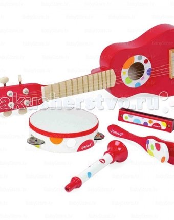Музыкальный инструмент Janod Набор красных музыкальных инструментов - гитара, бубен, губная гармошка, дудочка, трещотка