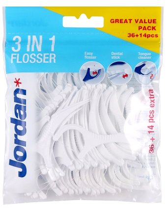 Миниатюра фотографии Зубная нить jordan 3в1 flosser dental stick & tongue cleaner,36+14 шт