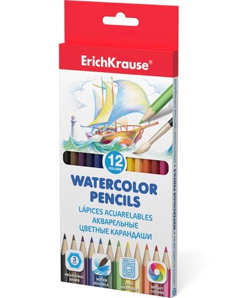 Акварельные шестигранные карандаши ErichKrause 12 цветов с кисточкой