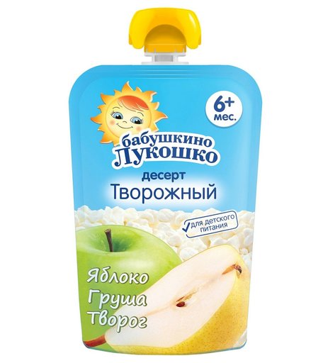 Пюре Бабушкино лукошко яблоко-груша-творог, с 6 месяцев, 90 г