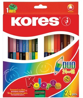 Миниатюра фотографии Kores  карандаши цветные трехгранные двусторонние с точилкой 48 цветов 24 шт.