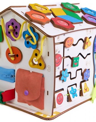 Миниатюра фотографии Деревянная игрушка evotoys бизиборд домик знайка смайлики дома со светом 29х25х25 см