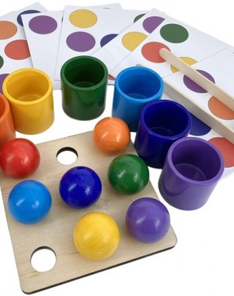 Миниатюра фотографии Деревянная игрушка эврилэнд монтессори шарики в стаканчиках с карточками 7 цветов