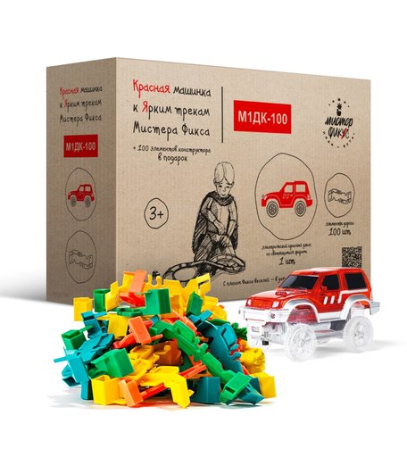 Электромашинка Яркий трек Мистера Фикса красный джип со светящимися фарами + 100 сегментов в подарок!