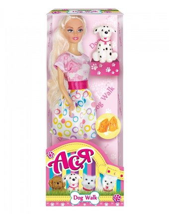 Toys Lab Кукла Ася Блондинка в розово-белом платье Прогулка с щенком