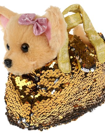 Миниатюра фотографии Мягкая игрушка мой питомец собака в сумочке из пайеток золото 15 см цвет: бежевый/золотой