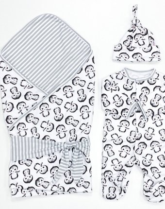 Комплект на выписку СуперМаМкет летний (плед, лента, комбинезон, шапочка) Пингвины