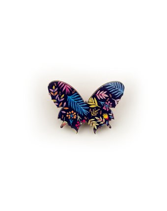 Миниатюра фотографии Значок орландо - бабочка, темный фон, фиолетовые цветы, 6.5 х 9.5 см