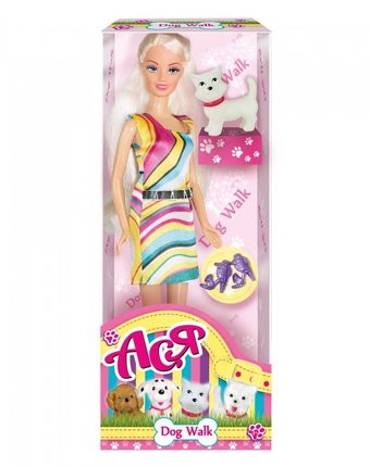 Миниатюра фотографии Toys lab кукла ася блондинка в ярком платье прогулка с щенком
